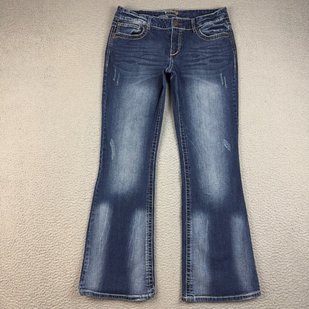 Womens Flare Leg Blue Y2K Jeans Dark Wash Faded 30x31 Mid Rise Hip Hugger Denim